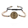 Detail of multi-color zircon evil eye bracelet with tri-color metallic beads on black rope - B0069 Multicolor Bead Chain Evil Eye 1