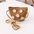 Detail of hand-woven straw crossbody bag with white daisy patches and hemp rope strap - Little Fairy Style / Khaki