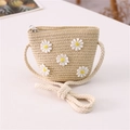 Detail of handmade straw crossbody bag for girls featuring five white daisy embroidery - Little Fairy Style / Beige
