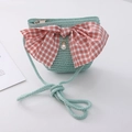 Cute mint green hand-woven round straw bag with a large pink plaid bow and pearl charm - Bowknot Style / Aqua Green