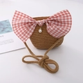Kids straw crossbody bag with red gingham bow and pearl pendant in brown color - Bowknot Style / Khaki