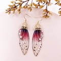 Macro detail of gradient purple cicada wing earrings with crystal accents and gold hooks - Purple Rhinestone-Gold