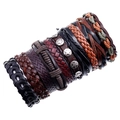 Set de pulseras multicapa de cuero trenzado negro y marrón con remaches de estrella - Juego de 10 piezas