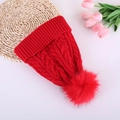 Thick bright red cable knit beanie with large matching faux fur pompom for winter - Red