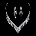 Exquisite silver-plated jewelry set with rhinestone fringe necklace and earrings - 690 Jewelry Set / Silver