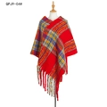 Red tartan knit poncho with vibrant plaid patterns and fringe tassel detailing - Red (DPJ9-04#)