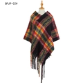 Plaid knitted poncho cape with fringe in red black and yellow checkered pattern - Black (DPJ9-02#)