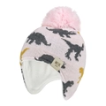 Pink knit trapper hat for kids featuring gray dinosaur jacquard and faux fur lining - M (1-3 Years) / Pink - MOK Label