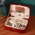 Red PU leather jewelry box with vertical quilting and multi-layer storage compartments - 612-3 Vertical Stripe Red