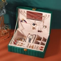 Dark green PU leather jewelry box with double-layer storage and mirror for earrings - 815 Vertical Stripe Dark Green