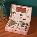 Pink quilted PU leather jewelry box with gold lock and mirrored velvet interior - 815 Vertical Stripe Pink