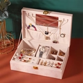 Double-layer pink leather jewelry organizer with mirror, lock, and watch tray storage - 815 Four-leaf Clover Pink