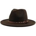 Detailed macro view of dark brown wool felt fedora hat with gold studded leather band - Coffee