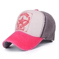 Distressed vintage baseball cap featuring pink and beige contrast panels and star logo - Adjustable / Watermelon Red Brim / Brown