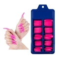 Rose pink long coffin press on nails in a blue 10-grid storage box with hand display - 100 Pieces / Rose Red