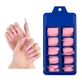 Pink long coffin press-on nail set in a blue storage tray for women's manicure - 100 Pieces / Peach Pink