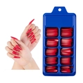 Long coffin press-on nails in vibrant red color with blue storage case packaging - 100 Pieces / True Red