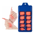 Salmon orange long coffin press on nails in a blue storage box with hand display - 100 Pieces / Coral