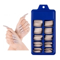 Beige long coffin press-on nails set neatly arranged in a blue display storage box - 100 Pieces / Khaki