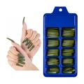 Olive green long coffin press on nails set with blue storage box storage - 100 Pieces / Army Green