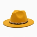 Yellow fedora hat with gold chain and black leather band on a clean white background - M (56-58cm) / Yellow
