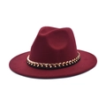 Classic burgundy fedora wool hat with a flat brim and stylish gold chain band decoration - M (56-58cm) / Burgundy