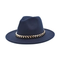 Detail of navy blue wool jazz hat featuring a chunky gold metal chain on the crown - M (56-58cm) / Navy Blue
