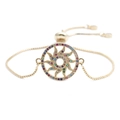 Golden chain bracelet with a sunburst pendant inlaid with colorful zircon gemstones - Box Chain Sun Wheel / Gold