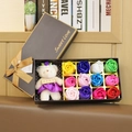 Brown gift box with 12 colorful soap roses, purple teddy bear and golden bow ribbon - 12pcs Rainbow With Bear
