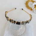 Baroque golden headband featuring dark grey and black square rhinestones in vintage style - Black and Gray