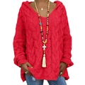 Close-up of red cable knit oversized hoodie sweater showing texture and loose fit - S / Red