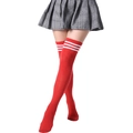 Classic red thigh-high socks with three white stripes for school girl or sports outfits - L (Height 52cm) / Red with White Stripes