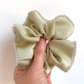 Sage green satin scrunchie with sparkling rhinestone edges and high-quality elastic - Grass Green