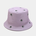 Close-up of lavender bucket hat featuring detailed green leaf embroidery on cotton fabric - M(56-58cm) / Purple