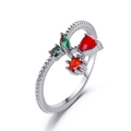 Cute silver cherry ring with red teardrop gemstones and green leaves for a sweet look - Silver Color Cherry