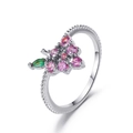 Sweet strawberry ring with pink zircons and green leaf detail on a silver beaded band - Silver Strawberry