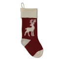 Red and white knitted Christmas stocking featuring a white reindeer pattern with a hanging loop - Burgundy Body Ivory Reindeer