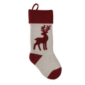 Close-up of a knitted Christmas stocking with a red reindeer pattern and hanging loop - Ivory Body Burgundy Reindeer