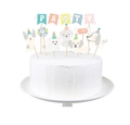Close-up of pet birthday cake topper set with PAWTY banner and cartoon dog decorations - Dog Style