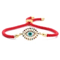 Red braided evil eye bracelet with gold micro-pave crystals on white background - Red Rope Evil Eye Pendant Style (B0073)