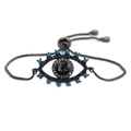 Detail of adjustable black evil eye bracelet with blue crystals and pull-string clasp - CB00134-Black Box Chain Blue Evil Eye