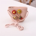 Detail of pink straw woven kids crossbody bag with 3D floral and ladybug accents - Ladybug & Three Flowers Style / Light Pink