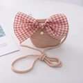 Kids straw bucket bag with a pink plaid bow and pearl charm for summer vacation - Bowknot Style / Light Pink