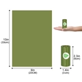 Biodegradable corn starch dog waste bags in green with leaf prints and dimensions - 1.5 Microns Biodegradable Army Green