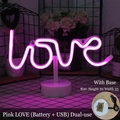 Pink LED neon 'love' sign lamp with round base and dual USB or battery power - LOVE Pink