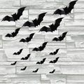 3D Halloween black bat wall stickers in various sizes on a gray brick background - 16 Bats
