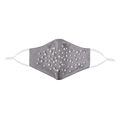 Detailed view of gray satin mask with elegant pearl embellishments and adjustable ear straps - Silver Gray