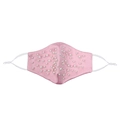 Detailed view of pink satin mask with hand-sewn pearls and adjustable ear loops - Pink