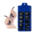 Glossy black long coffin press on nails set with blue 10-slot storage box container - 100 Pieces / Black