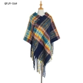 Plaid knitted poncho wrap for women with thick fringe in blue, yellow and orange tones - Navy Blue (DPJ9-06#)